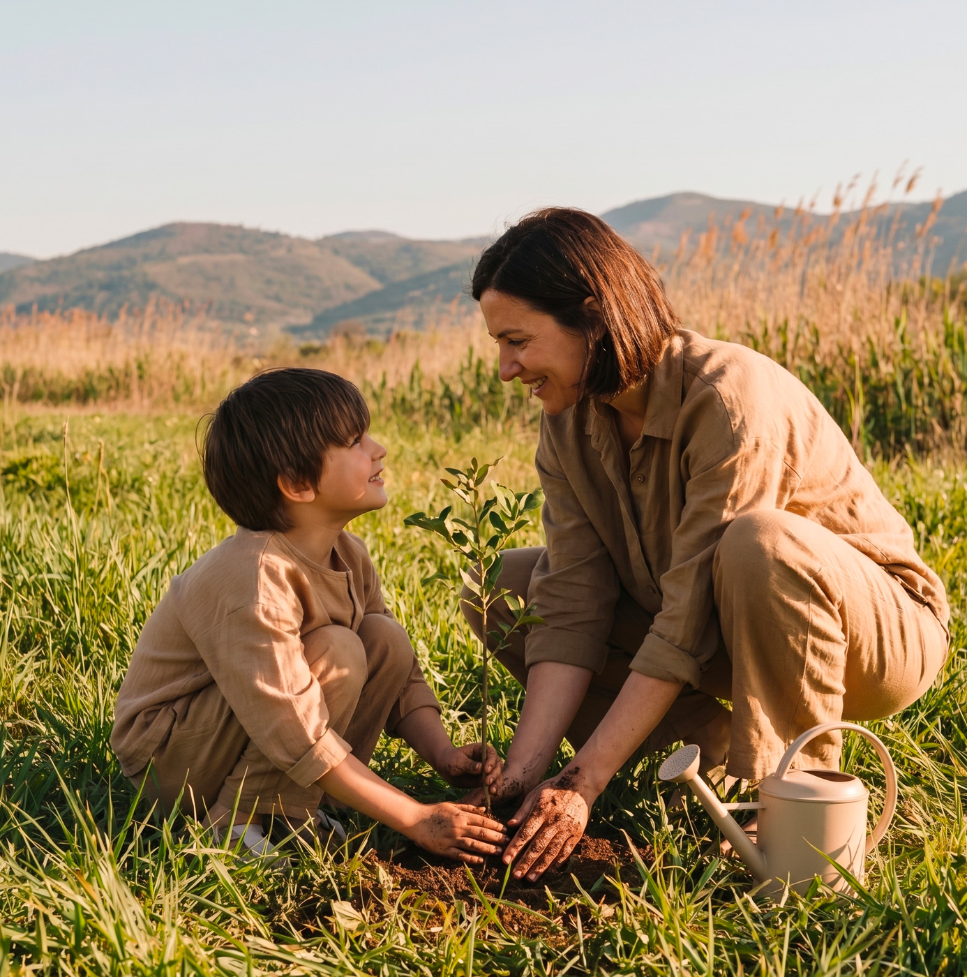 A woman and young boy kneel together in a sunlit meadow to plant a small sapling, smiling at each other as they press soil around the roots, with hills and tall grasses visible in the background.