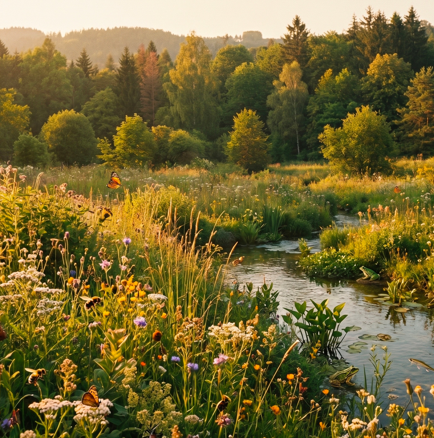 A wildflower meadow in golden evening light, with butterflies, bees and a frog visible among a dense mix of flowering plants alongside a small stream, with mixed woodland beyond.