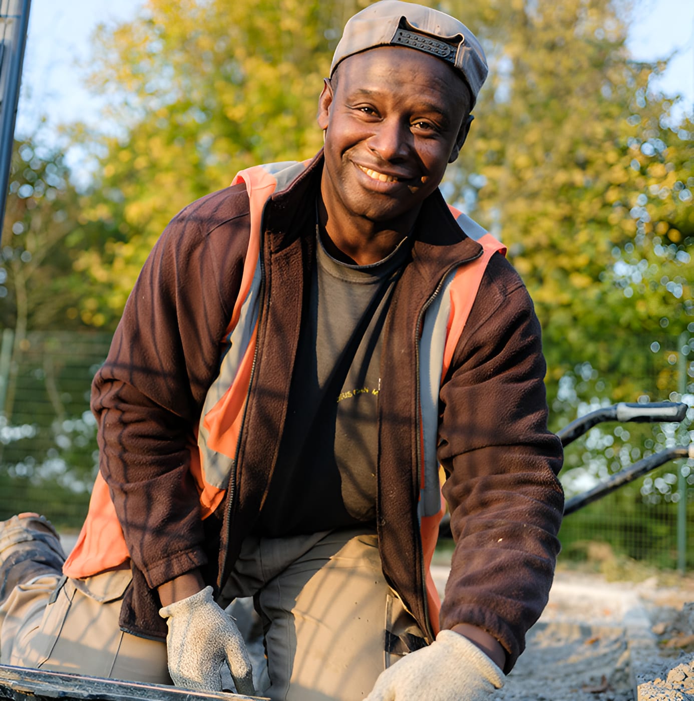 Smiling grounds maintenance worker in hi-vis jacket and work gloves kneeling outdoors on a sunny day