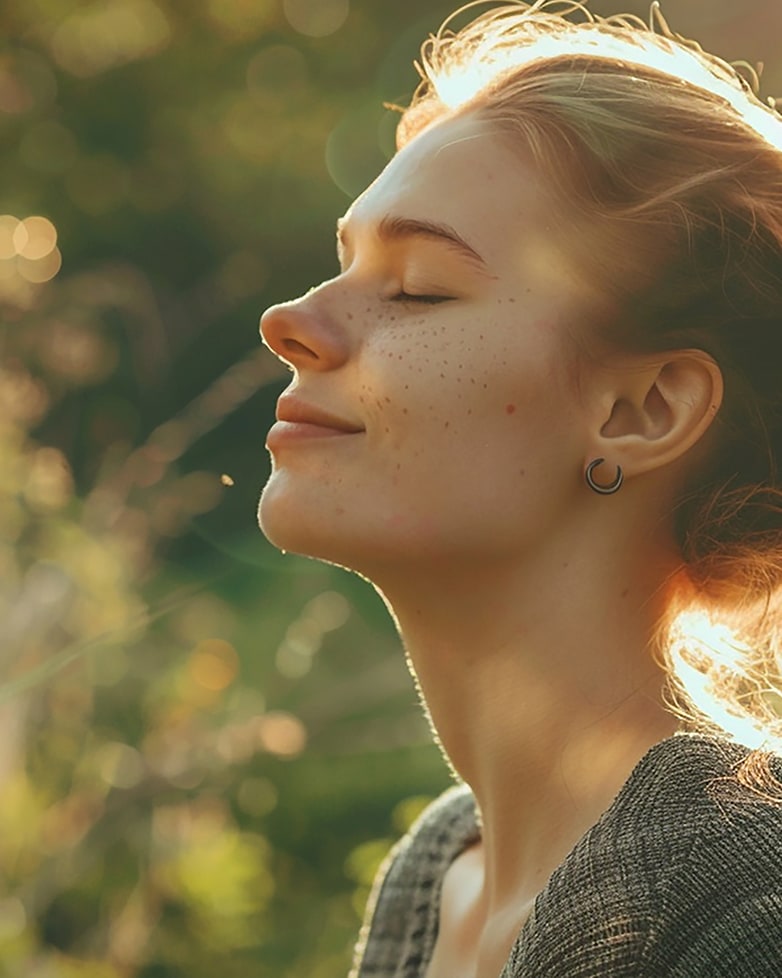 Young woman with freckles and closed eyes enjoying warm sunlight outdoors, smiling peacefully in a green garden setting