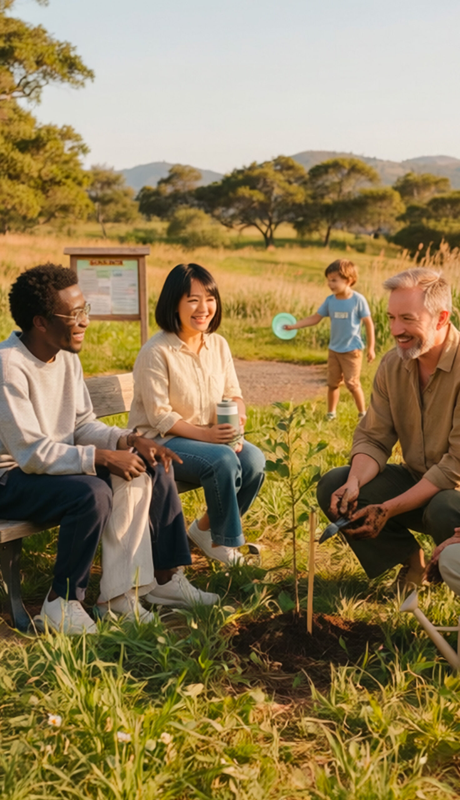Four people of different backgrounds enjoy a relaxed moment together in a sunny green park, with two seated on a bench and two crouching to tend a young sapling, while a child plays in the background.