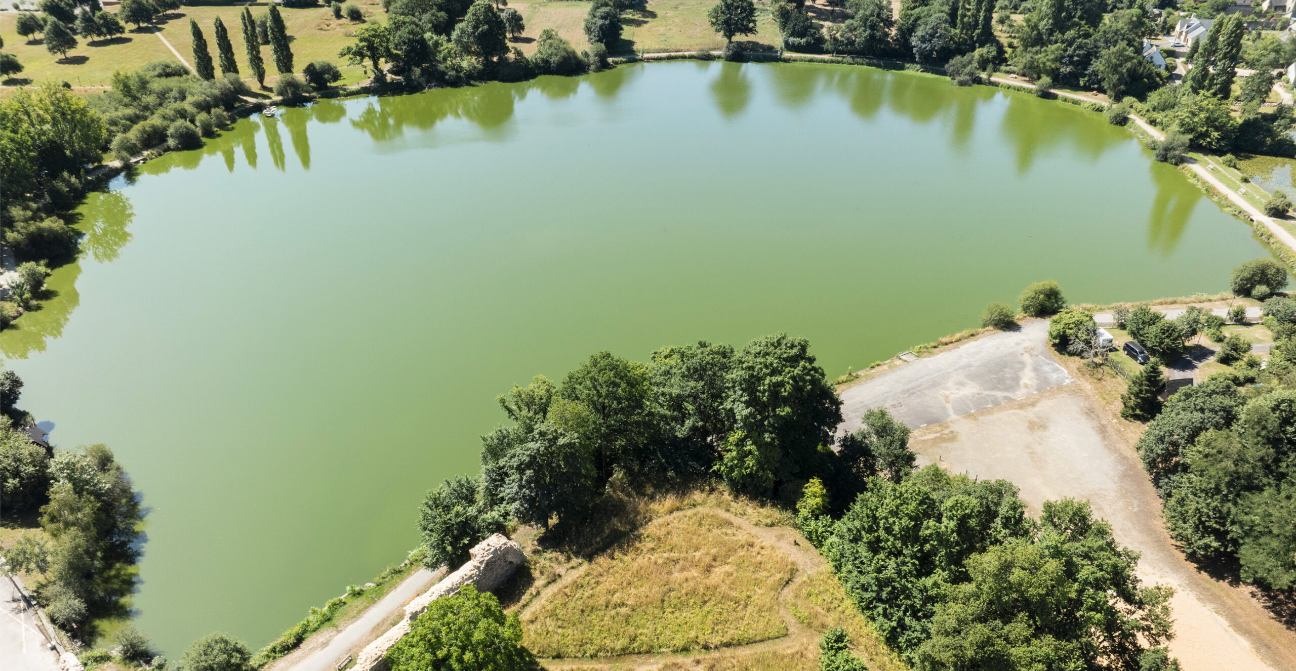 Aerial view of a large rural pond surrounded by mature trees and grassland, with visibly algae-rich water reflecting the summer canopy, adjacent to a gravel hardstanding and agricultural landscape.