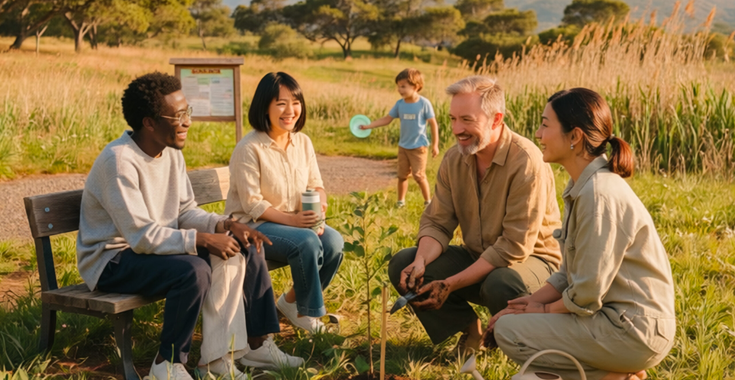 Four people of different backgrounds enjoy a relaxed moment together in a sunny green park, with two seated on a bench and two crouching to tend a young sapling, while a child plays in the background.