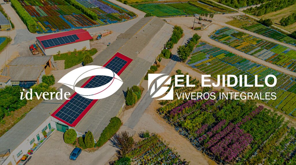 idverde and El Ejidillo Viveros Integrales partnership logo over aerial view of buildings with solar panels